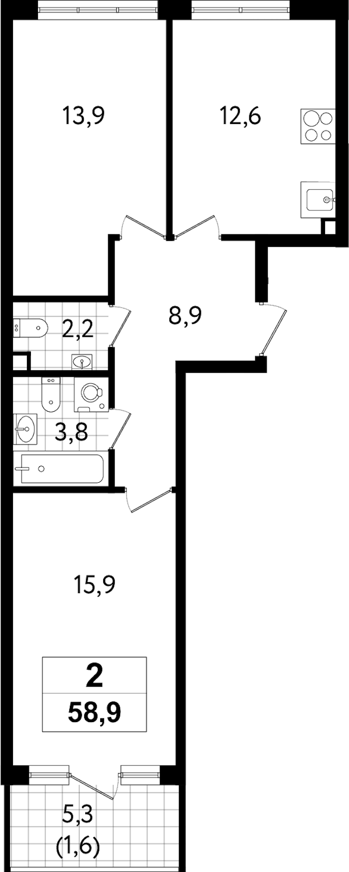 2-комнатная квартира 58.9 м², 1/12 эт., ЖК «А101 Всеволожск»